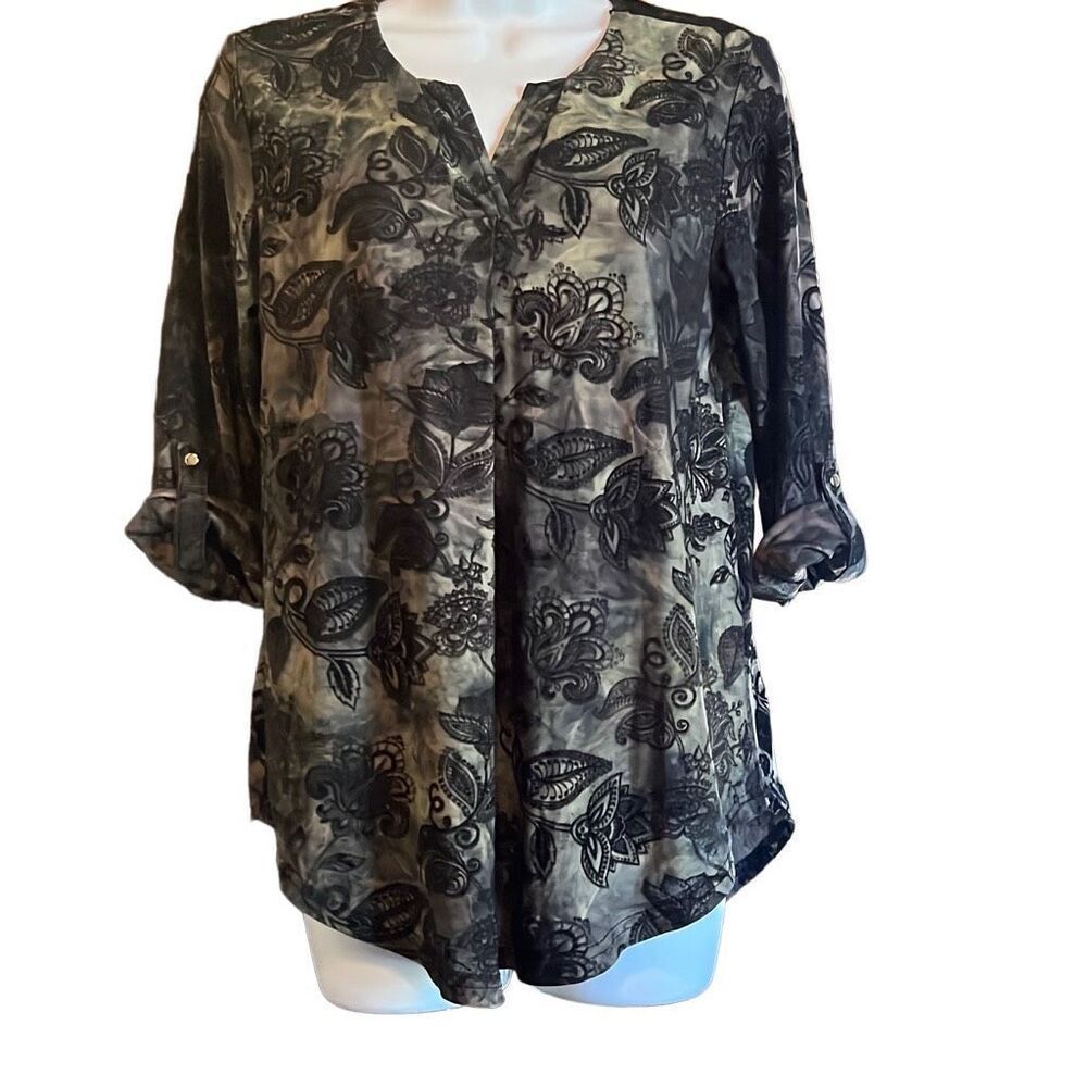 Chances R‎ Black Tan Floral Burnout Sheer Roll Tab Sleeve Blouse Top Small Boho